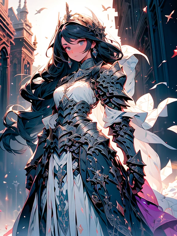 A majestic artwork of a graceful female paladin standing in a grand, medieval landscape. The full-body view reveals her adorned in exquisitely designed armor that combines elegance and strength. Her gleaming silver armor is intricately engraved with swirling patterns and symbols of protection and valor. The breastplate features delicate filigree and gem inlays, while her gauntlets and greaves are finely etched, catching the light with every movement. She wears an ornate, deep purple cape that flows gracefully behind her.

Her long black hair is tied in a sleek ponytail, cascading down her back, complementing her regal appearance. Her striking amethyst purple eyes, filled with resolve and determination, enhance her beauty and strength. She carries a beautifully crafted shield, embossed with intricate heraldic symbols and protective runes, its edges reinforced with gold trim. In her other hand, she wields a formidable mace, adorned with intricate engravings and inlaid gemstones that shimmer softly.

The background features a sprawling castle with tall spires against a dawn sky. Rolling hills and lush meadows stretch out before her, with a serene river winding through the landscape. Birds take flight in the early morning light, enhancing the sense of peace and anticipation.

The paladin stands poised and ready, embodying both grace and power, a guardian of the land and a beacon of hope for all who gaze upon her. Her presence is commanding and inspiring, a true paragon of beauty and strength.