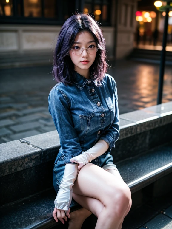 (1 lady), (Best quality at best:1.4), (ultra - detailed), (extremely detailed CG unified 16k), A Beautiful Woman with Perfect Figure: 1.4, Sharp Focus: 1.2, purple hair, very detailed, High-definition RAW color photo, professional photoshooting, amazing face and eyes, cosmetics, standing, (amazingly beautiful girl), ((kotomi)), ((exact clothes: short blue jeans, navy blue shirt, Black Lace Bridal Gloves, glasses)), (looking cute, immerse in her own thoughts expression), (City park, extremely detailed background, realistic background, first date vibes), (look from above), realistic cinematic face, head to feet long wide zoomed out view, full body long view, photorealistic, ((realistic natural purple hair style, purple eyes)), gorgeous, extremely beautiful face, pretty face, delicate girl, skinny but in good shape, perfect model beauty, pout mouth, Highly Detailed Face and Skin Texture, Detailed Eyes, Double Eyelids, Medium size breasts, shy but motivated expression, (masterpiece), best quality, high resolution, extremely detailed, cinematic lighting, amazing legs, clear and well-cared skin, (milky pale skin, white skin like milk)