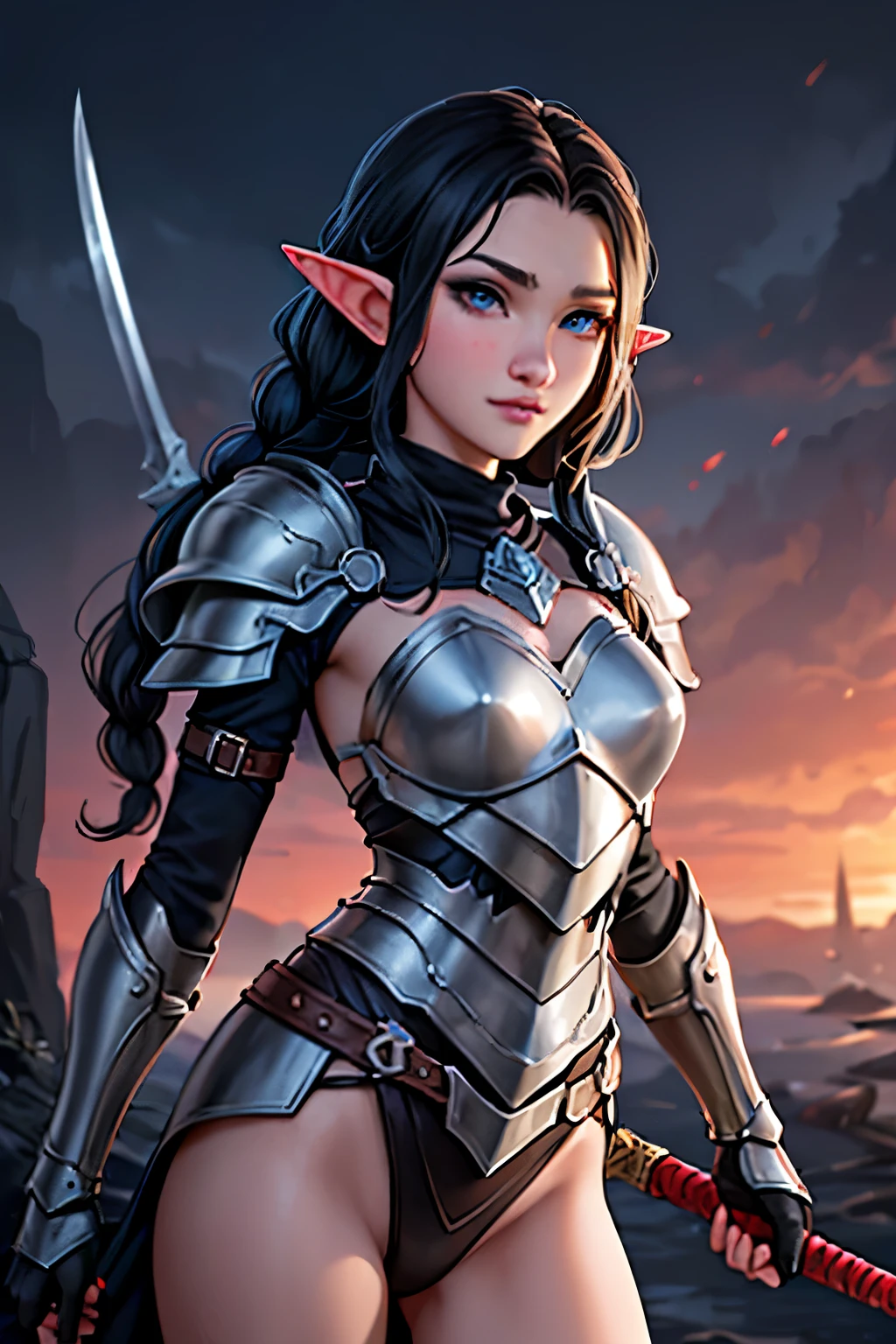 Artwork, best quality, 1 female elf, 1 girl, long black hair in braids, blue eyes, small bust, looking at viewer, weapons depot, Alone, Beautiful 18 year old elf wearing light battle armor, testing new sword with a euphoric smile, weapons depot scenario