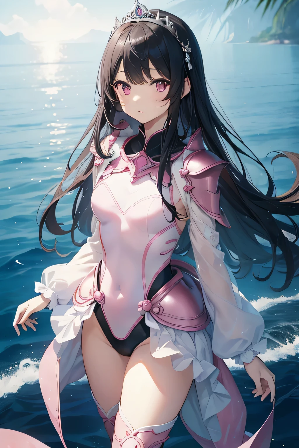 highest quality、Very delicate and beautiful、Very delicate and beautiful、(Beautiful eyes)、Pink Eyes、I、I、、 、Japanese、、Chiquita、(armor)、(Black Hair)、((Pink leotard))、(High leg)、Tiara on head、Expression of hatred、standing、Look forward、((The background is the deep sea))