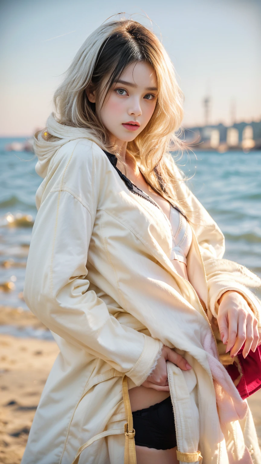 Beautiful girl sitting on the beach, aesthetic vibes, pink foto filter, aesthetic beach, lofi, long hair, (yellow gold hair), (sad emotion), (black bra:1.5), (soft thin white jacket:1.5), (big ass), (thin fingers), (perfect hands), (perfect fingers), (sad expression), (sad eyes),(thin white coat: 1.5), (see-through coat), (sexy body)