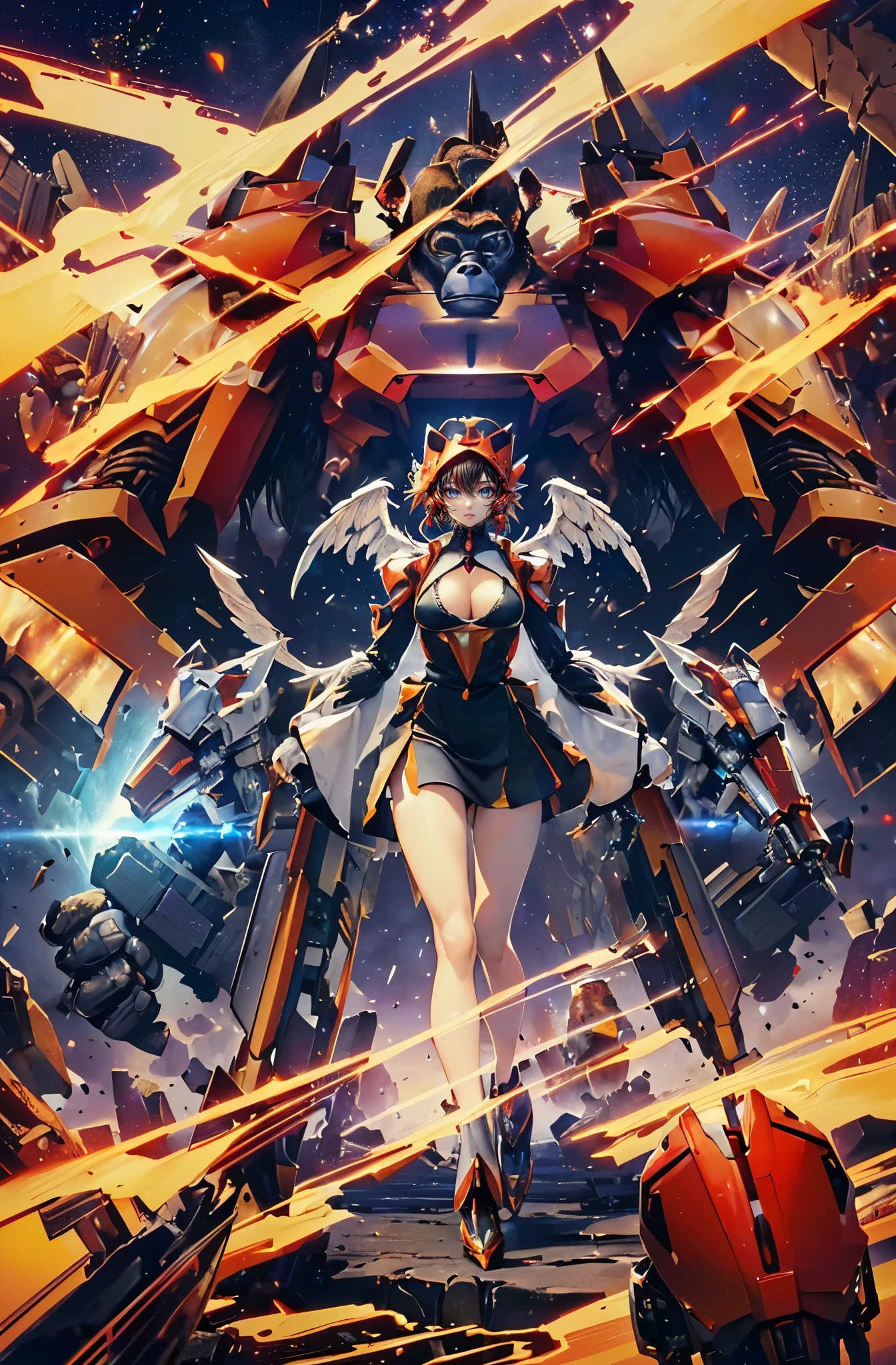 super high quality、8K quality、High resolution、Image quality captured with a single-lens reflex camera、(SFW)、Perfect Anatomy、(Crystal Red color theme）(Mechanic Wing:1.5)(A mecha angel accompanied by a mecha gorilla:1.5)Beautiful Mecha Girl、Beautiful  20 year old girl.with Mechanic Gorilla、Red eyes、(Good shape、Normal chest、Cleavage)、3D, Realistic レッドcolor machine parts、（Shoulders and legs are exposed:1.2）(Real Mechanical Unit、The mechanism is concentrated on the back)、break(Wear a gorilla-themed armor、🦍:1.4)(Mechanical parts below the elbows and knees:1.3)break（Perfect Anatomy:1.4）break(Profile、look back、avert your eyes:1.4)(Japan&#39;s urban areas Prefecture:1.5)（Dynamic Lens、Dynamic Angle）