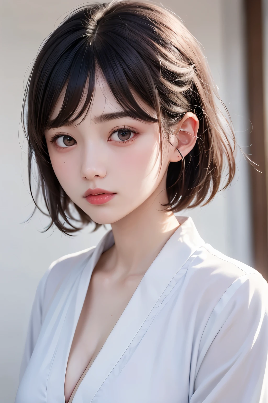 (1 nogizaka girl,raw photo,photo realistic:1.5),(best quality, high quality,HDR, highest quality,ultra high resolution,high resolution,high res,ultra high difinition,huge file size,8K,2K wallpaper,8K wallpaper,high quality texture,amazing,an extremely delicate:1.4),one girl, Japanese famous idol,beautiful face,small face,absurd,ridiculous,incredibly ridiculous,portrait,breasts close up,blurry background,(school uniform,cleavage,no makeup:1.2),(six_heads tall),medium skin,beautiful skin,detailed skin,six heads tall,black hair,silky hair,(Japanese eyes:1.3),detailed eyes,black eyes,Japanese idol eyes,triangle eyes,Japanese nose,5-fingers,(Light Particles, Lens Flare, Luminous Particles: 0.7),looking at viewer,bright lighting,professional lighting,girl