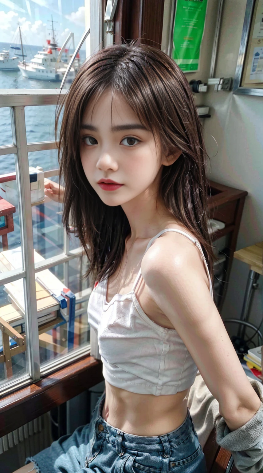 ((Under the big breasts)), (Straight hair to shoulder length: 1.2), (Brown hair),Upper body, （Highly detailed CG 8K wallpapers），（Very sophisticated、Beautiful fece），（masutepiece），（best qualtiy：1.0），（超A high resolution：1.0），Beautiful illumination，Perfect Lightning，realistic shaded，[hight resolution]，Smooth and perfectly fair skin，Very delicate facial details，（Perfect body：1.1），ultra - detailed，beautiful  Girl，small head，attractive collarbone，Thin figure，Thin arms，Relax，steady，（Black sexy bra:1.1），（White short-leg pants：1.1），Autumn，morning，Stand on the sea side，Sunrise in the East，expecting，Close-up shot shots, (sad emotion)