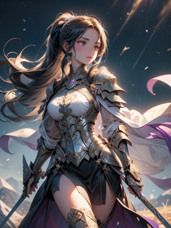 A majestic artwork of a graceful female paladin standing in a grand, medieval landscape. The full-body view reveals her adorned in exquisitely designed armor that combines elegance and strength. Her gleaming silver armor is intricately engraved with swirling patterns and symbols of protection and valor. The breastplate features delicate filigree and gem inlays, while her gauntlets and greaves are finely etched, catching the light with every movement. She wears an ornate, deep purple cape that flows gracefully behind her.

Her long black hair is tied in a sleek ponytail, cascading down her back, complementing her regal appearance. Her striking amethyst purple eyes, filled with resolve and determination, enhance her beauty and strength. She carries a beautifully crafted shield, embossed with intricate heraldic symbols and protective runes, its edges reinforced with gold trim. In her other hand, she wields a formidable mace, adorned with intricate engravings and inlaid gemstones that shimmer softly.

The background features a sprawling castle with tall spires against a dawn sky. Rolling hills and lush meadows stretch out before her, with a serene river winding through the landscape. Birds take flight in the early morning light, enhancing the sense of peace and anticipation.

The paladin stands poised and ready, embodying both grace and power, a guardian of the land and a beacon of hope for all who gaze upon her. Her presence is commanding and inspiring, a true paragon of beauty and strength.