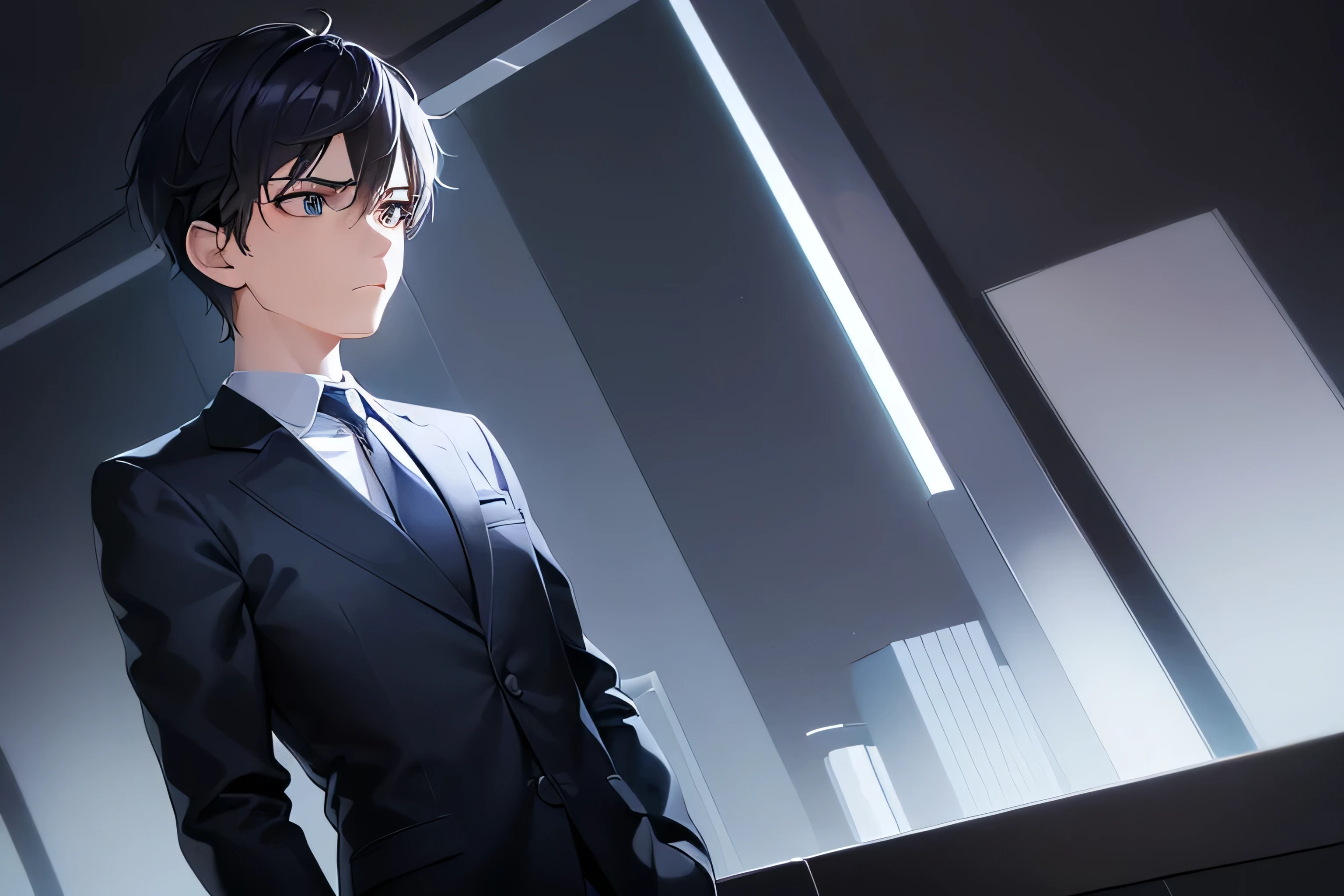 dutch angle, (looking away:2), masterpiece、high quality、25-year-old man with short black hair and blue eyes、wearing a suit、wearing a white shirt、Wearing a dark blue tie、(Alone:1.5)、(Expressionless:1.1)、The background is a dark bedrom、bold composition、dark lighting, intimate dim lighting, salaryman, subject on left side of picture