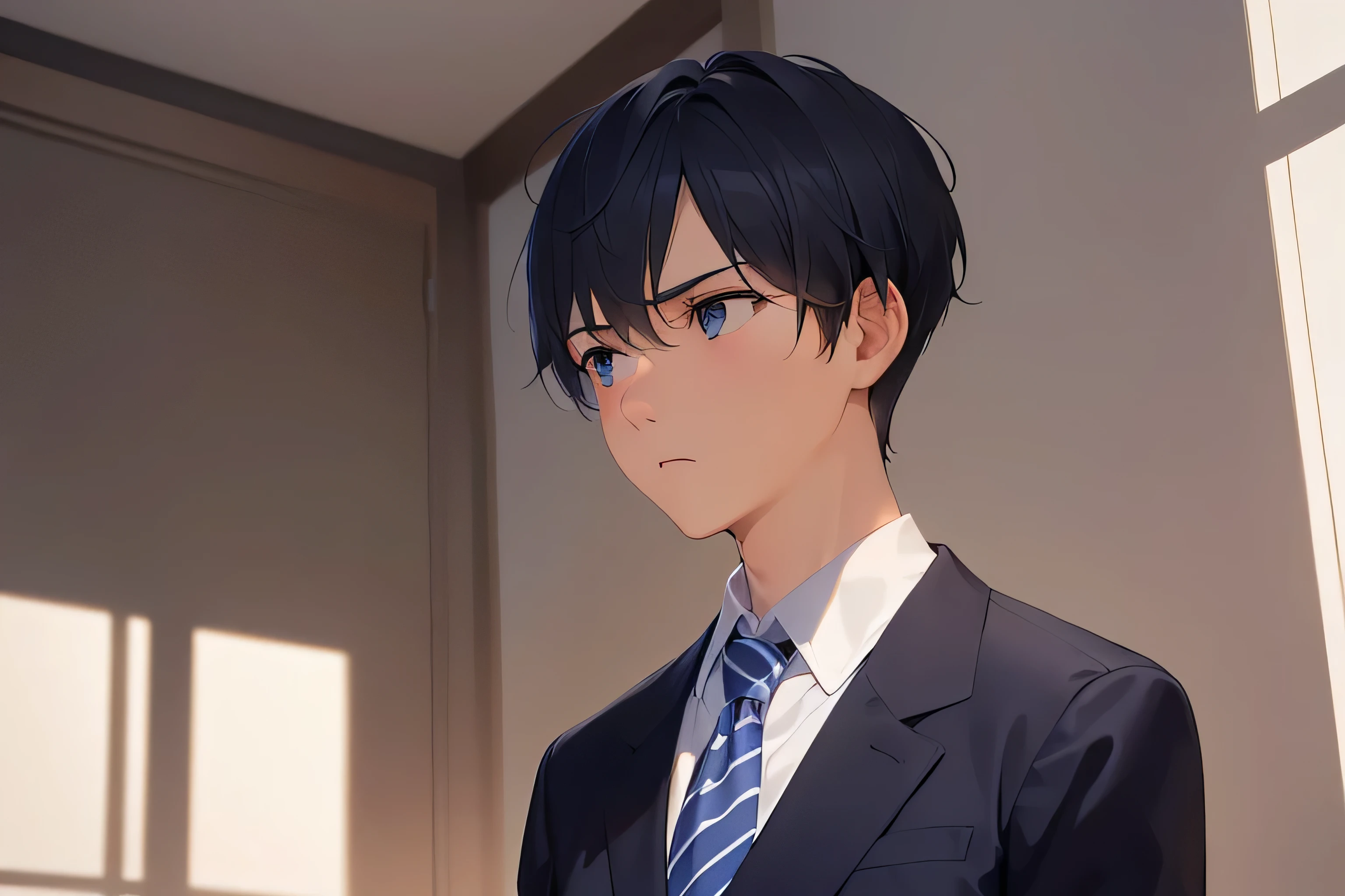 dutch angle, (looking away:2), masterpiece、high quality、25-year-old man with short black hair and blue eyes、wearing a suit、wearing a white shirt、Wearing a dark blue tie、(Alone:1.5)、(Expressionless:1.1)、The background is a dark bedrom、bold composition、dark lighting, intimate dim lighting, salaryman, subject on left side of picture