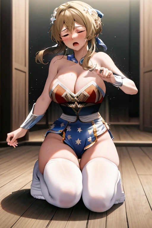 masterpiece, best quality, beautiful art, high resolution, well formed hands, body and fingers, 1 woman, solo, Lumine, wearing a Wonder Woman outfit , adult, big breasted, cleavage, full body, sexy and skimpy outfit , gorgeous hips, legs and thighs , ryona,in peril, she is being beaten up by her opponent, receiving the impact of her opponent's attacks, reacting to the hits, closed eyes, she is being slapped in the face, knocked down, slammed against the floor, screaming in pain and agony, showing weakness and vulnerability, heroine in peril, ryona and perilous scene, sweating, bouncing breasts, martial arts tournament with beach environment