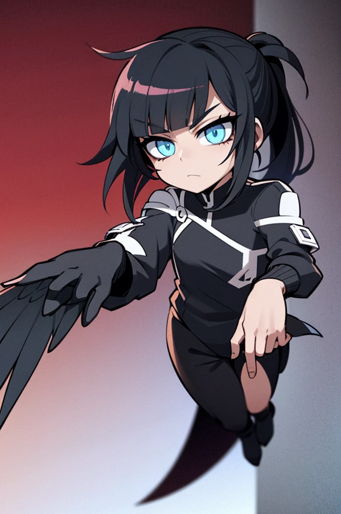 A anime boy with medium-length black hair in a ponytail, an X-shaped fringe, demon and black wings, wearing an elegant outfit, blue eyes, and a scar on his left eye