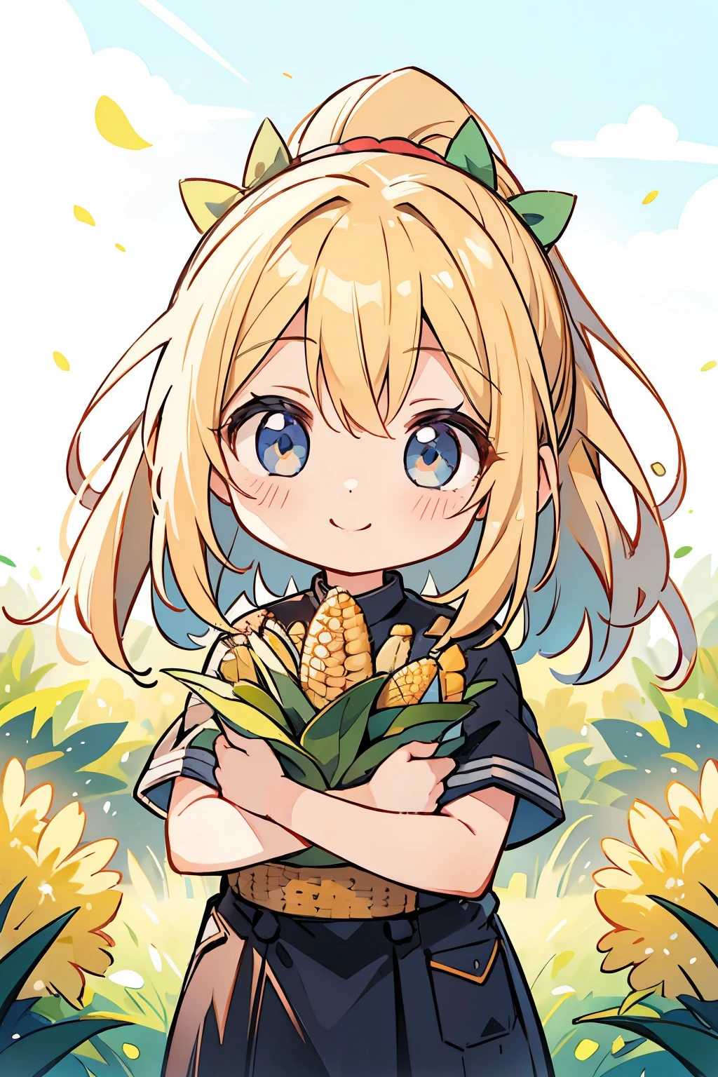 Photorealistic、Chibi Girl(Corn field、smile)