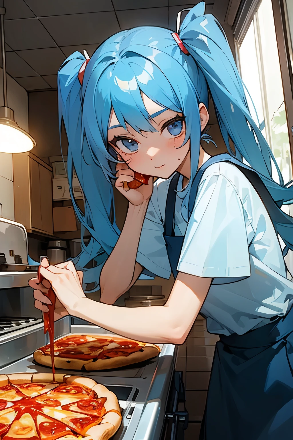 Girl putting ketchup on pizza Pizza shop Kitchen Twin tails Light blue hair