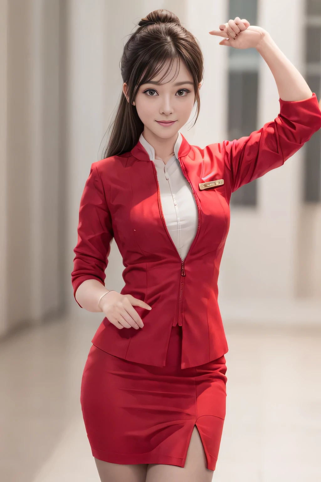 (masterpiece:1.2, highest quality:1.2), 32K HDR, High resolution, (alone、1 girl)、(On the roof of a high-rise building、Professional Lighting)、Skyscraper Background、Beautiful city view、(Realistic style with AirAsia flight attendant uniforms)、(AirAsia uniform unzipped red jacket、AirAsia uniform long sleeve red jacket、AirAsia uniform red mini tight skirt、AirAsia uniform white shirt unbuttoned)、Big Breasts、(AirAsia uniform shirt showing big breasts)、Dark brown hair、(Long Hair Up、Hair Bun)、Dark brown hair、Long Shot、((Fine hand:2.0)),((Harmonious body proportions:1.5)),((Normal limbs:2.0)),((Normal finger:2.0)),((Delicate eyes:2.0)),((Normal eyes:2.0)))、Luxury Necklace、Beautiful appearance,Place your hands around your stomach