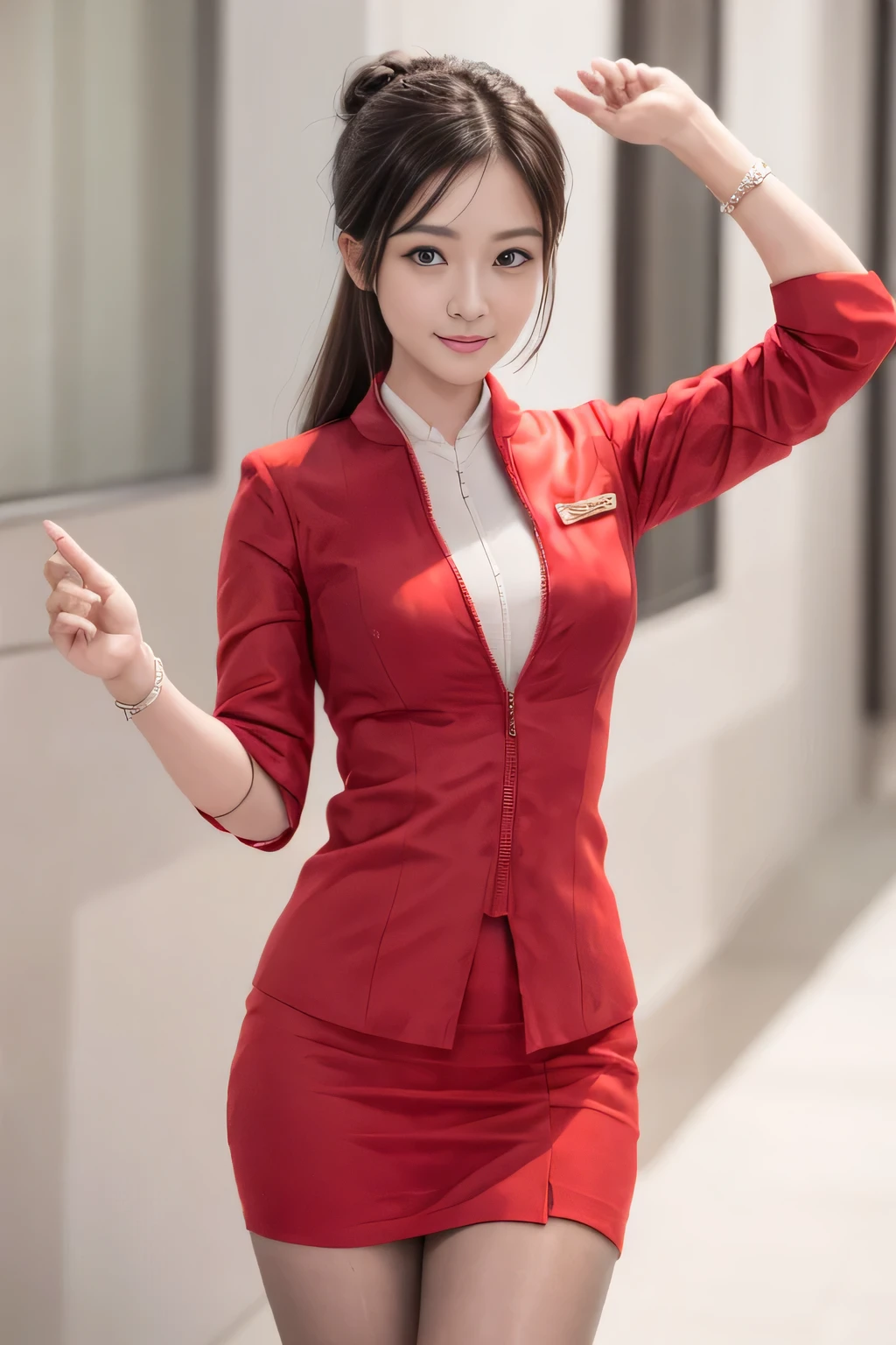 (masterpiece:1.2, highest quality:1.2), 32K HDR, High resolution, (alone、1 girl)、（On the roof of a high-rise building、Professional Lighting）、Skyscraper Background、Beautiful city view、（Realistic style with AirAsia flight attendant uniforms）、（AirAsia uniform unzipped red jacket、AirAsia uniform long sleeve red jacket、AirAsia uniform red mini tight skirt、AirAsia uniform white shirt unbuttoned）、Big Breasts、（AirAsia uniform shirt showing big breasts）、Dark brown hair、（Long Hair Up、Hair Bun）、Dark brown hair、Long Shot、（（Fine hand：2.0）），（（Harmonious body proportions：1.5）），（（Normal limbs：2.0）），（（Normal finger：2.0）），（（Delicate eyes：2.0）），（（Normal eyes：2.0））)、Luxury Necklace、Beautiful appearance,Place your hands around your stomach