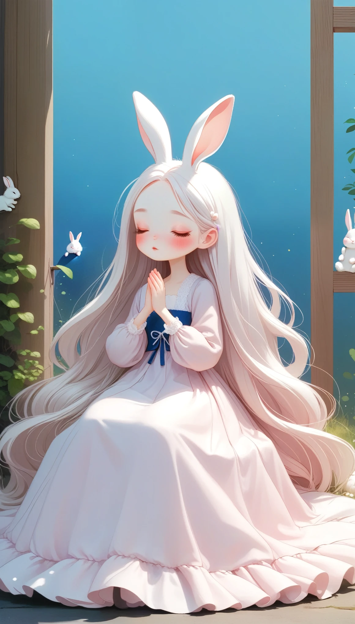 1girl, solo, long_hair, blush, long_sleeves, dress, very_long_hair, closed_eyes, white_hair, rabbit