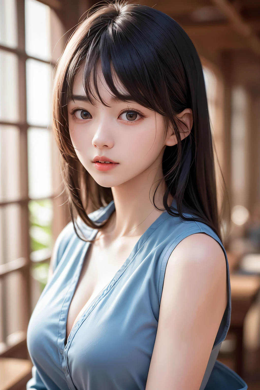 (1 nogizaka girl,raw photo,photo realistic:1.5),(best quality, high quality,HDR, highest quality,ultra high resolution,high resolution,high res,ultra high difinition,huge file size,8K,2K wallpaper,8K wallpaper,high quality texture,amazing,an extremely delicate:1.4),one girl, Japanese famous idol,beautiful face,small face,absurd,ridiculous,incredibly ridiculous,portrait,breasts close up,blurry background,(school uniform,cleavage,no makeup:1.2),(six_heads tall),medium skin,beautiful skin,detailed skin,six heads tall,black hair,silky hair,(Japanese eyes:1.3),detailed eyes,black eyes,Japanese idol eyes,triangle eyes,Japanese nose,5-fingers,(Light Particles, Lens Flare, Luminous Particles: 0.7),looking at viewer,bright lighting,professional lighting,girl