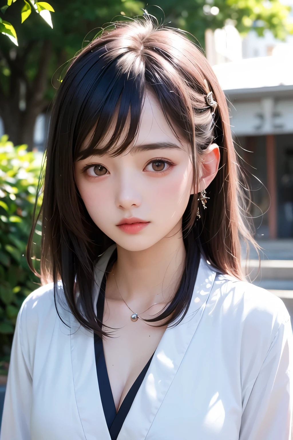 (1 nogizaka girl,raw photo,photo realistic:1.5),(best quality, high quality,HDR, highest quality,ultra high resolution,high resolution,high res,ultra high difinition,huge file size,8K,2K wallpaper,8K wallpaper,high quality texture,amazing,an extremely delicate:1.4),one girl, Japanese famous idol,beautiful face,small face,absurd,ridiculous,incredibly ridiculous,portrait,breasts close up,blurry background,(school uniform,cleavage,no makeup:1.2),(six_heads tall),medium skin,beautiful skin,detailed skin,six heads tall,black hair,silky hair,(Japanese eyes:1.3),detailed eyes,black eyes,Japanese idol eyes,triangle eyes,Japanese nose,5-fingers,(Light Particles, Lens Flare, Luminous Particles: 0.7),looking at viewer,bright lighting,professional lighting,girl