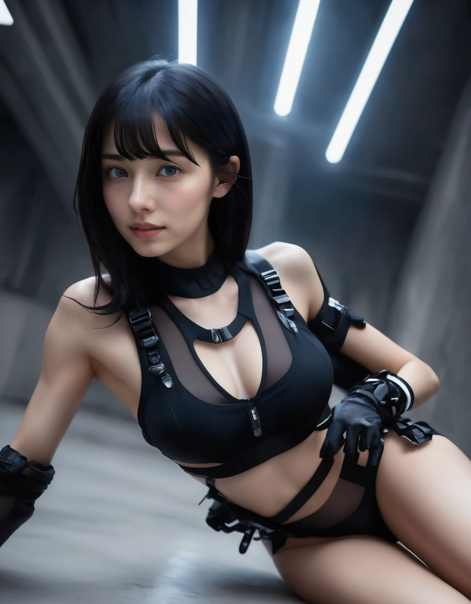 (nsfw:1.2), masterpiece, Best Quality, Realistic, Futuristic fashion art,
BREAK
beautiful young woman with blue eyes, ig model, high detail, render of april, (wide angle, sitting, all body shot, full body in frame:1.3),
BREAK
(very slim waist:1.2), large breasts, (large buttocks), cameltoe, exuding a sculptural beauty, White and beautiful Silky skin,
hyper small head, Detailed face and eyes, cute and Pretty slim face, Duck mouth, perfect beautiful Tooth, arranged gray hair, looking viewer,
BREAK (Cyber sports gear:1.2), (all black fashion theme:1.4),
See-through red sports gear with multiple elastic black neon harnesses for clothing, A multi-layered White neon harness wrapped around the entire body, Designed White led harness, serene expression, futuristic accessories, White neon trim and hem, reflective See-through surface, minimalistic beauty, wearing White technical Sneakers, advanced technology, harmonious stance, striking simplicity,
BREAK
(In a dimly lit room, the White neon glows brilliantly, The interior of a futuristic colony, with mist drifting and steam rising from concrete),