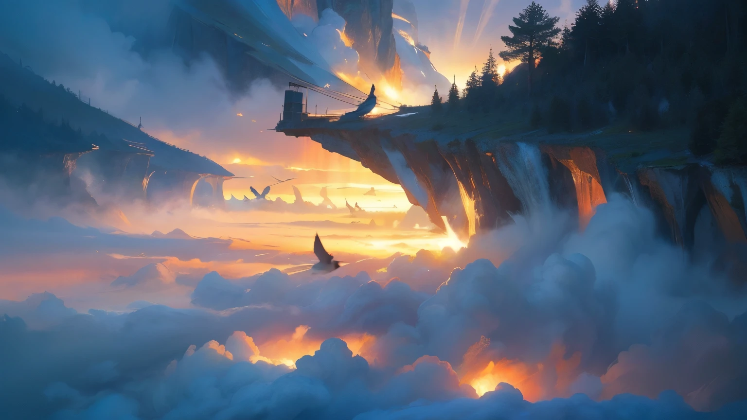 Fairyland landscape painting，Clouds and mist，Flying Cranes，Fantastic visuals，high resolution，HD pictures，Rich in details，Bright colors，Flat style，Soft light and shadow，Wide viewing angle，panoramic，Natural Colors，peaceful。