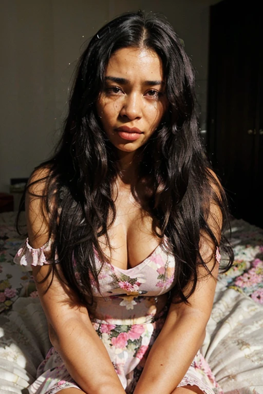 beautiful black woman 30 years old, long black hair, square defined face, big lips, background in home bedroom, with floral flowy light pink long dress, sitting on the bed, reading the Bible, praying, realistic, very angry facial crying a lot of tears, excretion.
