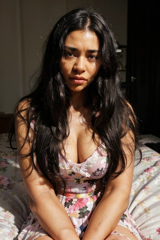beautiful black woman 30 years old, long black hair, square defined face, big lips, background in home bedroom, with floral flowy light pink long dress, sitting on the bed, reading the Bible, praying, realistic, very angry facial crying a lot of tears, excretion.