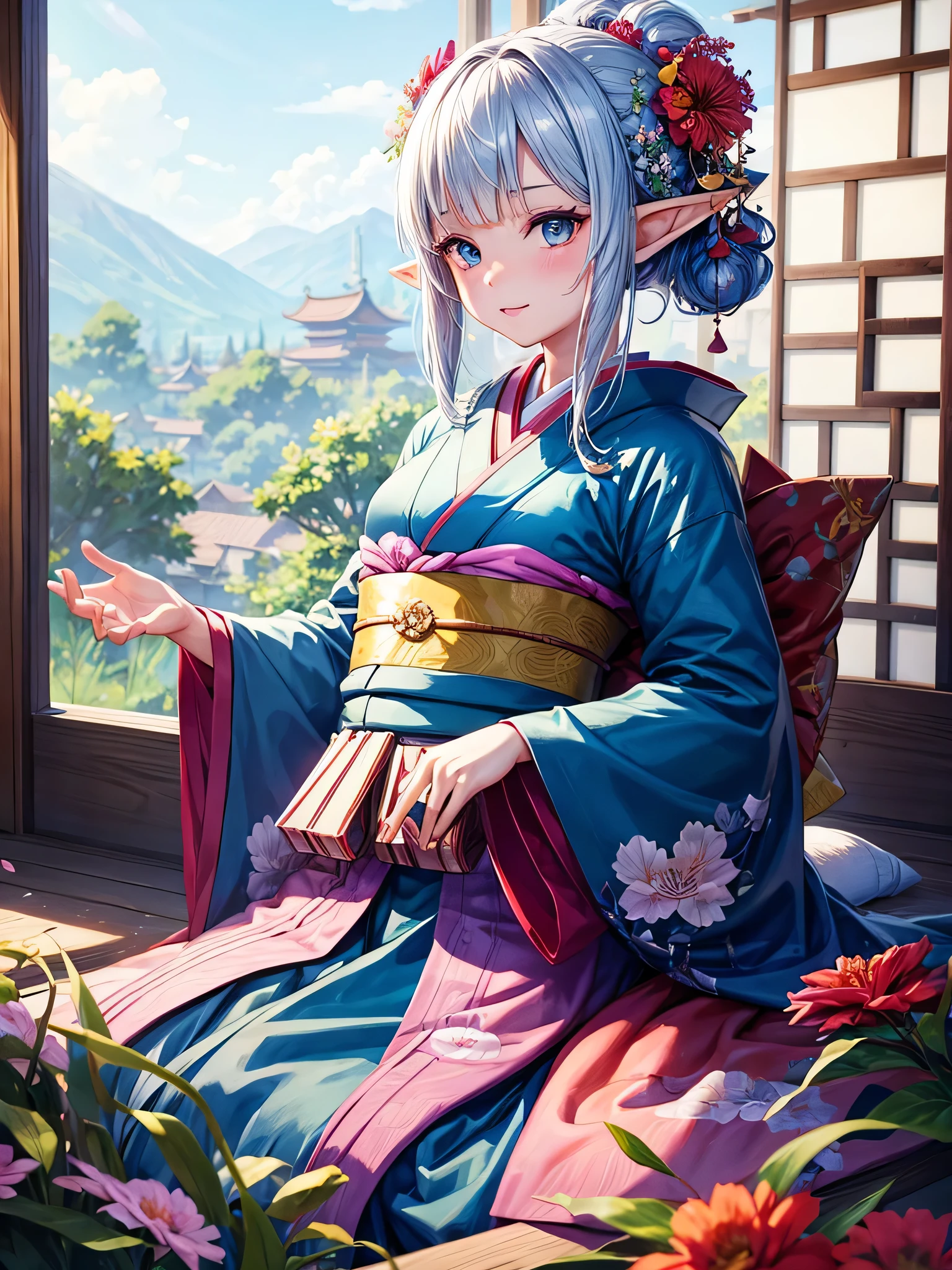 a girl,flower elf,kimono,Rendering,best picture
