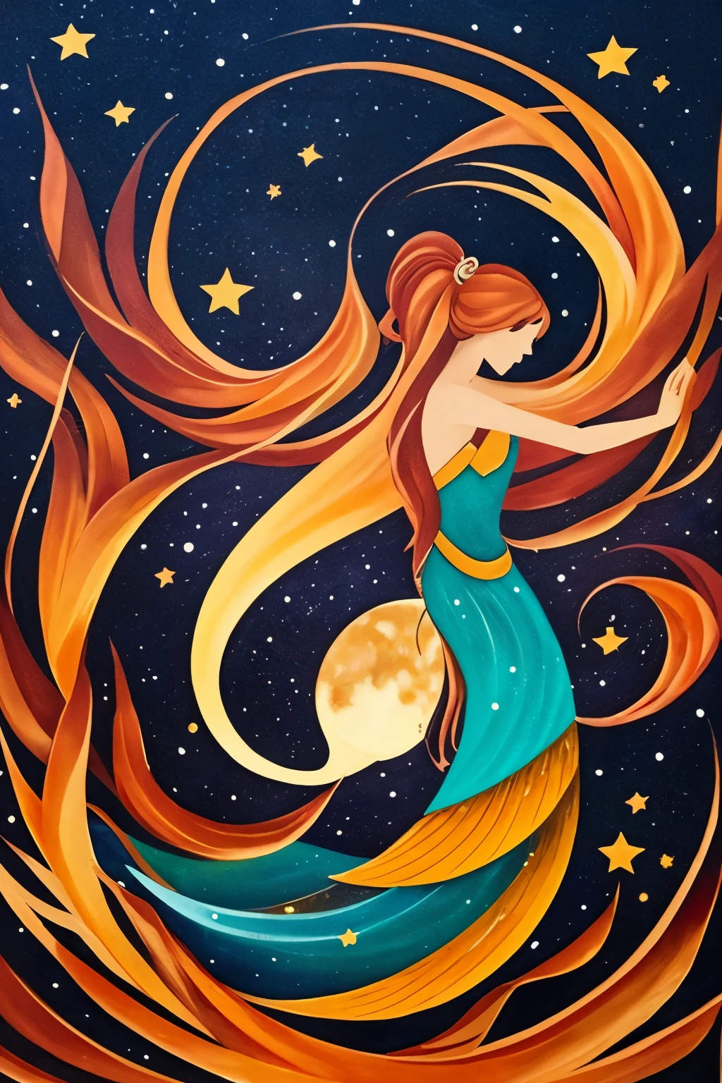fusion of oil painting and watercolor painting, fusion of paper cutting and shadow puppetry, best quality, super fine, 16k, delicate and dynamic, the back view of a beautiful mermaid Princess sitting on a rock, a large moon with an orange gradation, stars, the night sky, ripples on the sea surface, special image effects, artwork