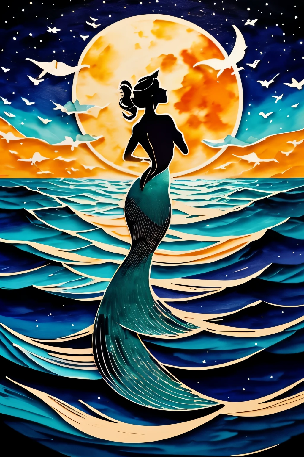 fusion of oil painting and watercolor painting, fusion of paper cutting and shadow puppetry, best quality, super fine, 16k, delicate and dynamic, the back view of a beautiful mermaid Princess sitting on a rock, a large moon with an orange gradation, stars, the night sky, ripples on the sea surface, special image effects, artwork
