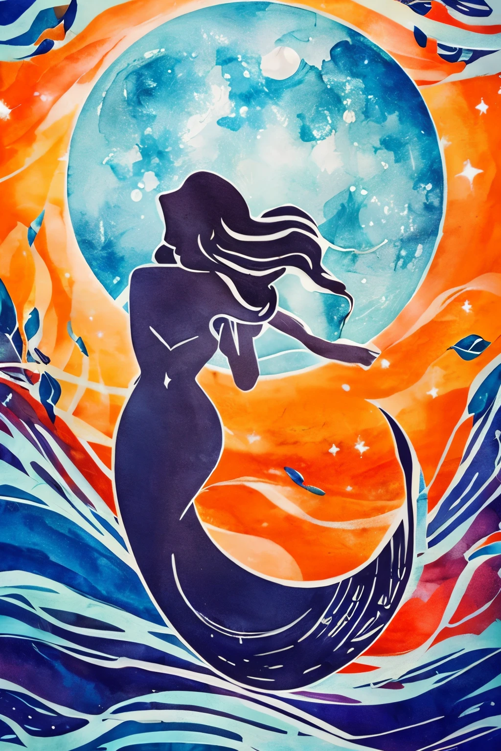 fusion of oil painting and watercolor painting, fusion of paper cutting and shadow puppetry, best quality, super fine, 16k, delicate and dynamic, the back view of a beautiful mermaid Princess sitting on a rock, a large moon with an orange gradation, stars, the night sky, ripples on the sea surface, special image effects, artwork