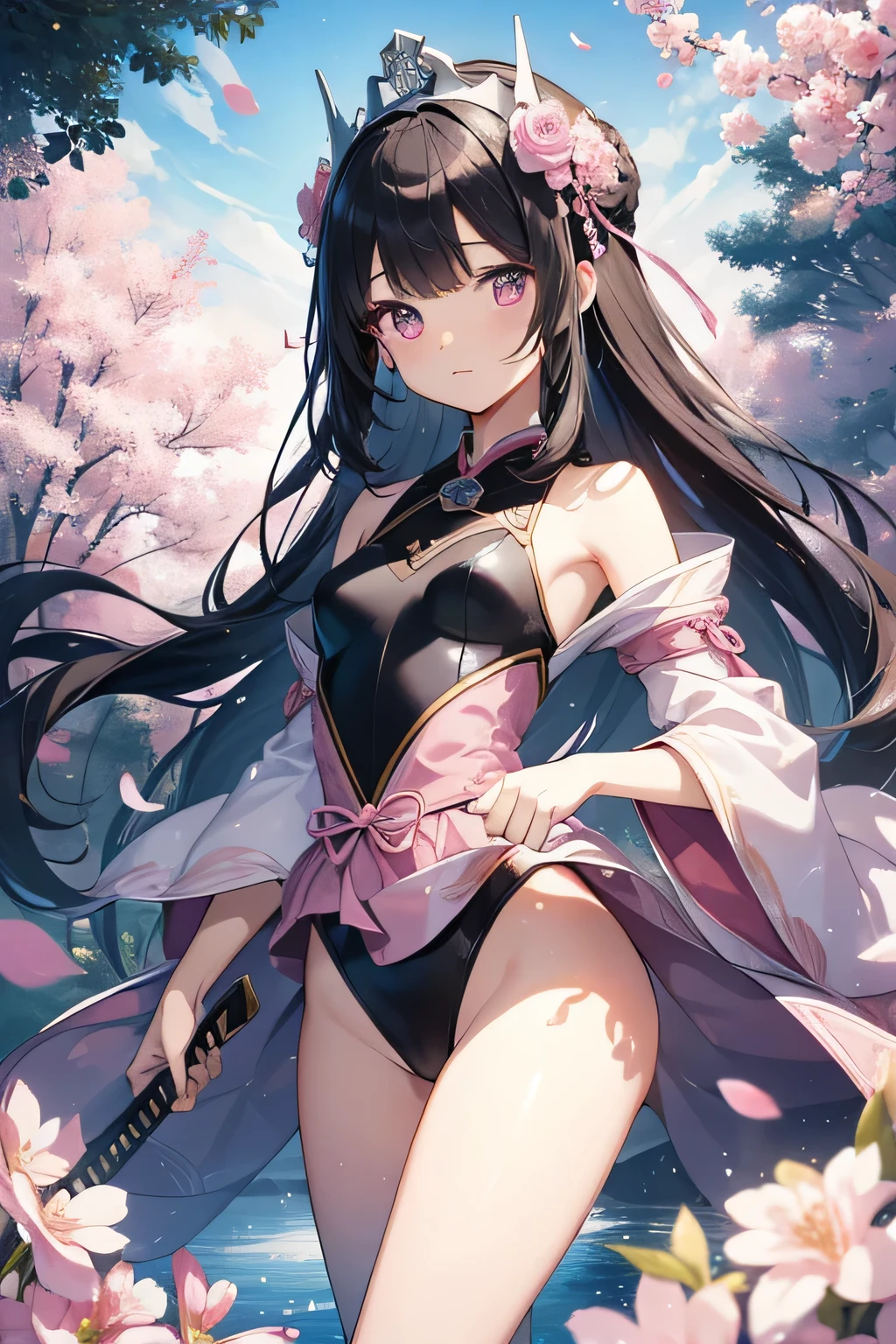 highest quality、Very delicate and beautiful、Very delicate and beautiful、(Beautiful eyes)、Pink Eyes、I、I、、 、Japanese、、Chiquita、(armor)、(Black Hair)、((Pink leotard))、(High leg)、Tiara on head、Laughter、standing、((Japanese sword in right hand))、Look forward、((The background is the deep sea))