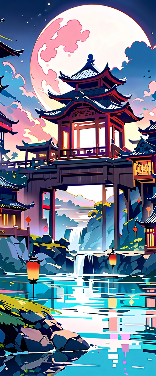 (masterpiece, best quality, number, Finer details), ((Highly detailed CG Unity 8k wallpaper, high resolution)), High chroma, Low brightness, concept art, ((unmanned)), (landscape), (Water flowing over the bridge), (Jiangnan Water Town), Invalid, night, (Full Moon), cloud, outdoor, architecture, river, 赛博Chinese style，Chinese style，Chinese style建筑，lantern