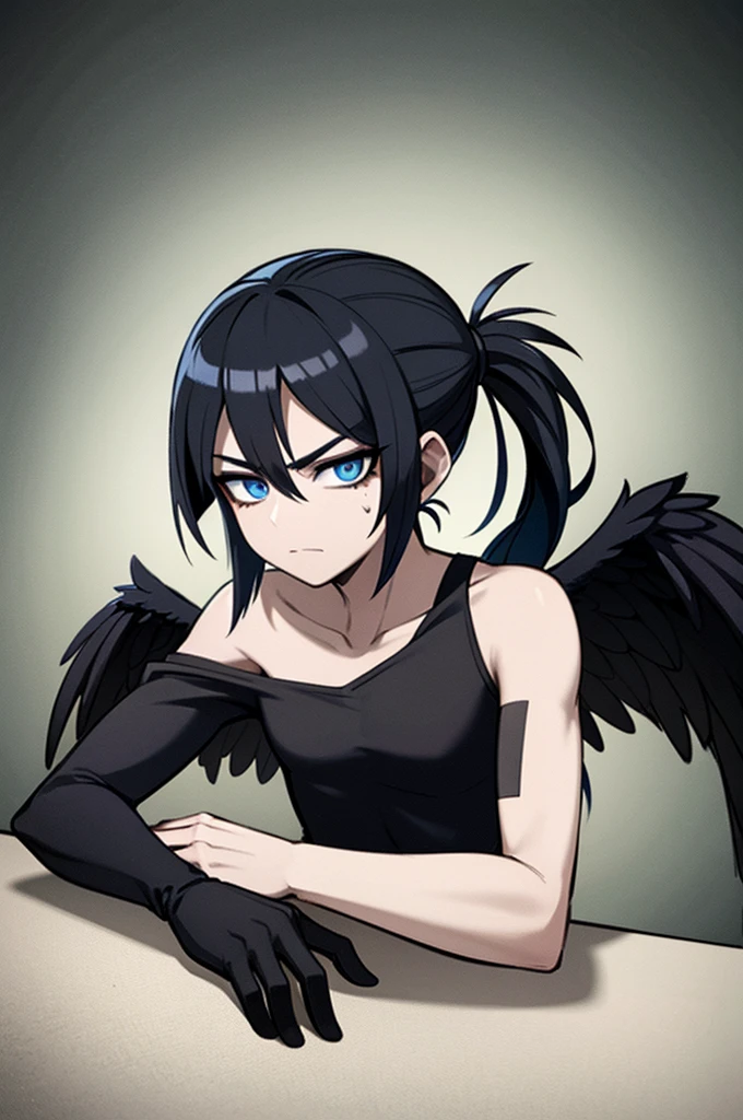 A boy with medium-length black hair in a ponytail, an X-shaped fringe, demon and black wings, wearing an elegant outfit, blue eyes, and a scar on his left eye