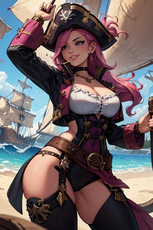 A pink haired female pirate with violet eyes with an hourglass figure in a pirate outfit is spinning the wheel of a pirate ship with a big smile