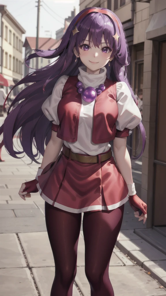 (masterpiece), (best quality), (ultra-detailed), intricate detail, athena97, 1girl, solo, purple eyes, purple hair, long hair, white earrings, red hairband, star hair ornament, medium breats, red vest, white turtleneck, white puffy sleeves, short sleeves, red pleated skirt, (deep red pantyhose:1.2), black pantyhose, yellow belt, purple sphere shape necklace, red fingerless gloves, white short socks, red shoes, (outdoors), photography, smile, blush, sunny, nsfw, cowboy shot, blurry background, street background,