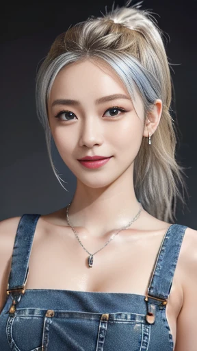 highest quality、masterpiece、One Girl、whole body、Very delicate and beautiful girl、8K Wallpaper、Beautiful details、Beautiful sparkle、Cinema lighting、(((Silver Hair、Long Hair、ponytail)))、Aqua blue eyes、Big smile、blush:1.4、necklace、Long piercings、(Sexy Gal:1.35)、highest quality、masterpiece、Ultra-high resolution、(Real:1.4)、(RAW Photos:1.2)、Narrow eyes、(Beautiful Face:1.2)、(Glare:1.4)、(Wicked Smile:1.35)、(correction)、(mascara)、(eye shadow)、(False eyelashes)、((Slim body))、Long and narrow face、slender eyes、Slim overalls in a washed color that reaches up to the chest、Thin eyebrows、((whole bodyショット:1.4))、long denim pants、(Accentuates the lines of the upper body)、(長い目尻のeye shadow)、I can see all the forehead、