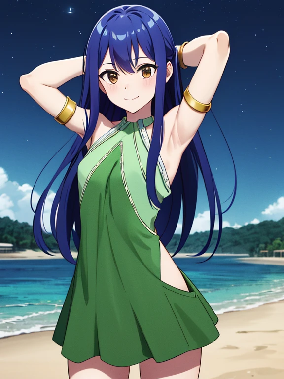 masterpiece, best quality, highres, aawendy, long hair, bare shoulders, green dress, sleeveless dress, armlet, bracelet, looking at viewer, solo, contrapposto, spread armpit, arms behind head, smile, looking at viewer, (cowboy shot:1.5), closed mouth, night sky, beach,