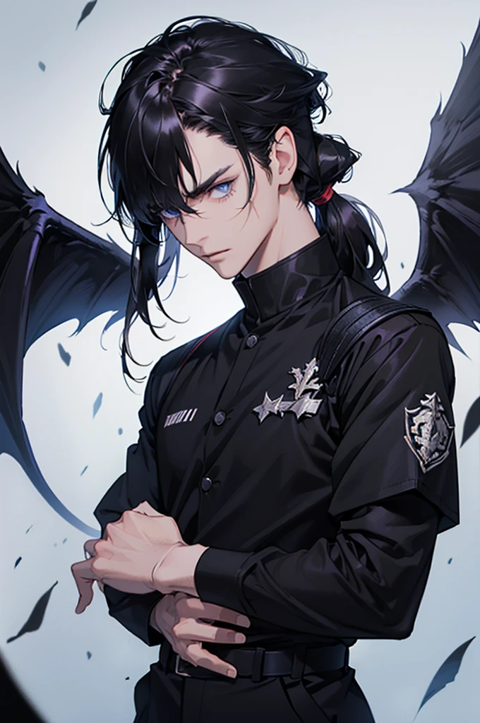 A boy with medium-length black hair in a ponytail, an X-shaped fringe, demon and black wings, wearing an elegant outfit, blue eyes, and a scar on his left eye