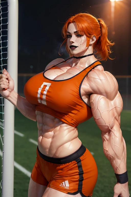 (((((Massive, tall, beautiful, sweating, pale white skinned, buff, muscular woman with orange hair, black lipstick, ginormous bulky muscles and wearing a orange soccer Jersey and sports shorts))))), (close view), massive muscles, massive biceps, hyper muscle shoulders, vascular shoulders, hyper muscle triceps, (long shaggy hair), green eyes, (wristbands), choker, sneakers, (in a soccer field), closed smile, night, hyper vascular arm, hyper muscles arms, hyper muscle legs, massive arms.