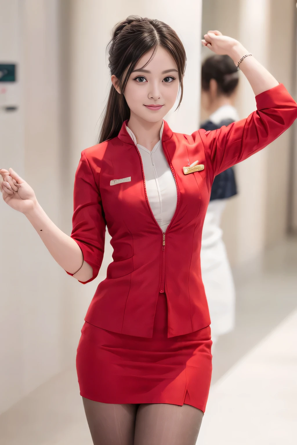 (masterpiece:1.2, highest quality:1.2), 32K HDR, High resolution, (alone、1 girl)、(At the airport lounge、Professional Lighting)、Airport Lounge Background、Beautiful lounge view、(Realistic style with AirAsia flight attendant uniforms)、(AirAsia uniform unzipped red jacket、AirAsia uniform long sleeve red jacket、AirAsia uniform red mini tight skirt、AirAsia uniform white shirt unbuttoned)、Big Breasts、(AirAsia uniform shirt showing big breasts)、Dark brown hair、(Long Hair Up、Hair Bun)、Dark brown hair、Long Shot、((Fine hand:2.0)),((Harmonious body proportions:1.5)),((Normal limbs:2.0)),((Normal finger:2.0)),((Delicate eyes:2.0)),((Normal eyes:2.0)))、Luxury Necklace、Beautiful appearance,Place your hands around your stomach