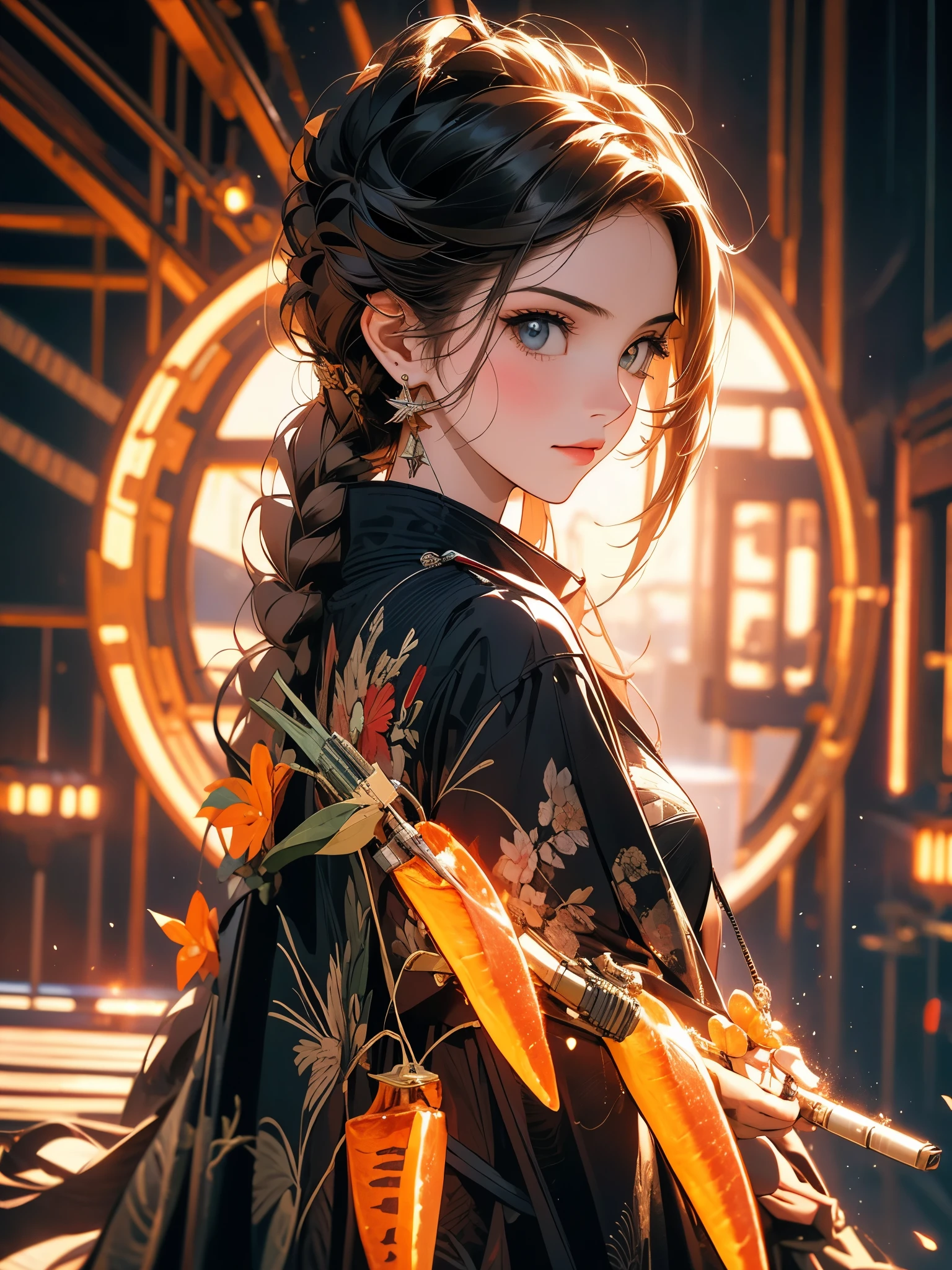 there is a woman holding a gun in front of a spaceship, arte de fantasia hiperrealista, eternal disgrace, soldado de tempestade feminino, planet sky in the background, inspirado em Jan Victors, em primeiro plano, com espingarda, Orianna, laranja cinza, Duna (2021) --ar 16:9 --v 5.1