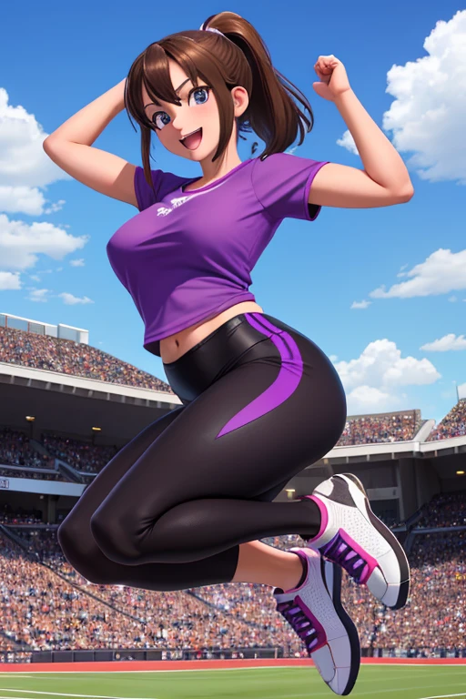 Masterpiece, high resolution, high quality, intricate details, anime girl, full body portrait, front view, 36 year old woman, mature face, mature beauty, brown hair, short ponytail, blue eyes, athletic body, medium breasts, curvy hips, cheering, thrilled smile, excited expression on face, ((Wearing: Purple T-shirt, Black Leggings and white tennis shoes)), jumping, arms raised above head, looking at viewer, (Background: outdoors, soccer field, blue sky, clouds in the sky, crowd of people in the surroundings),
