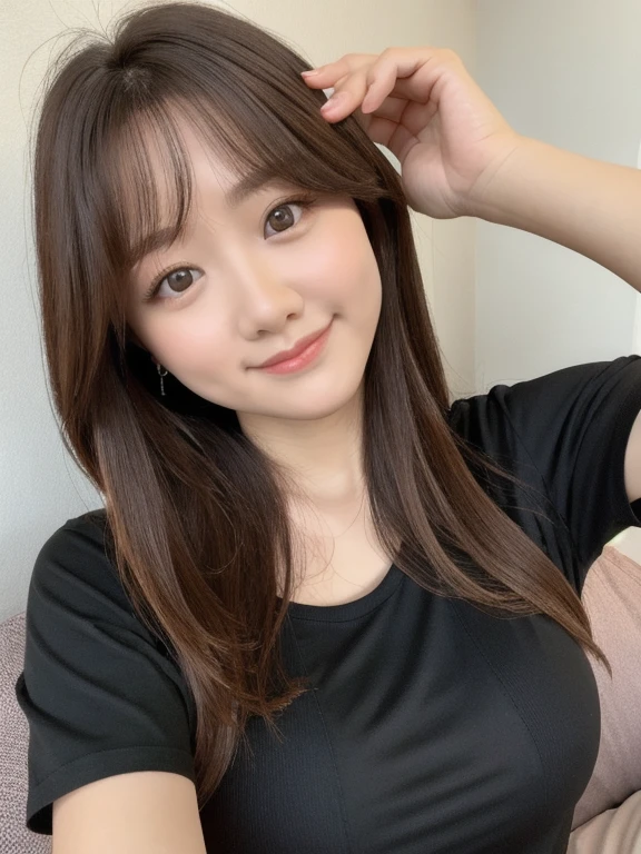 Girl taking selfie、Tabletop, highest quality, Realistic, In detail, Textured skin、realism、High resolution, Perfect dynamic composition, Beautiful big eyes:1.2,Droopy eyes、Small Nose、 Long Hair, Straight hair、Brown Hair、Big ample breasts, Random sexy poses,Chest to chest、(Black short sleeve T-shirt)、(Breast swelling 1.2)、smile、shut up.、Sit on the sofa、22 years old、(Droopy eyes 1.4)、Baby Face、Japanese、pretty girl