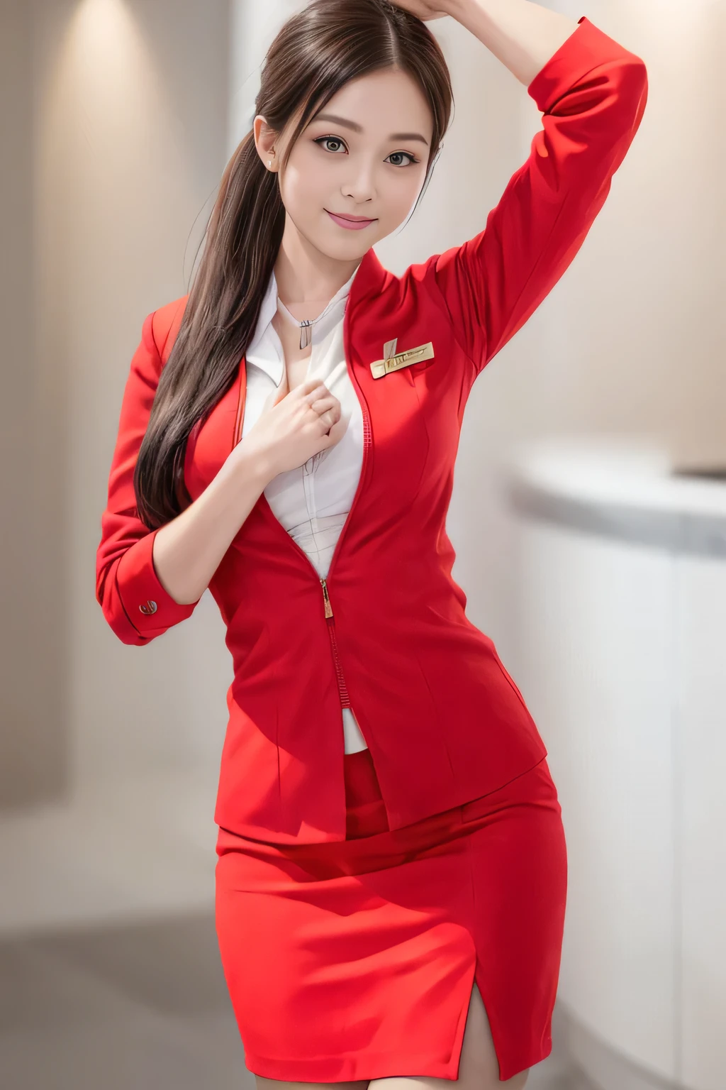 (masterpiece:1.2, highest quality:1.2), 32K HDR, High resolution, (alone、1 girl)、(At the airport lounge、Professional Lighting)、Airport Lounge Background、Beautiful lounge view、(Realistic style with AirAsia flight attendant uniforms)、(AirAsia uniform unzipped red jacket、AirAsia uniform long sleeve red jacket、AirAsia uniform red mini tight skirt、AirAsia uniform white shirt unbuttoned)、Big Breasts、(AirAsia uniform shirt showing big breasts)、Dark brown hair、(Long Hair Up、Hair Bun)、Dark brown hair、Long Shot、((Fine hand:2.0)),((Harmonious body proportions:1.5)),((Normal limbs:2.0)),((Normal finger:2.0)),((Delicate eyes:2.0)),((Normal eyes:2.0)))、Luxury Necklace、Beautiful appearance,Place your hands around your stomach