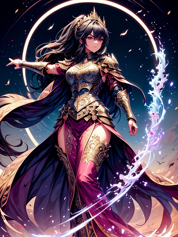A majestic artwork of a graceful female paladin standing in a grand, medieval landscape. The full-body view reveals her adorned in exquisitely designed armor that combines elegance and strength. Her gleaming silver armor is intricately engraved with swirling patterns and symbols of protection and valor. The breastplate features delicate filigree and gem inlays, while her gauntlets and greaves are finely etched, catching the light with every movement. She wears an ornate, deep purple cape that flows gracefully behind her. Her long black hair is tied in a sleek ponytail, cascading down her back, complementing her regal appearance. Her striking amethyst purple eyes, filled with resolve and determination, enhance her beauty and strength. She carries a beautifully crafted shield, embossed with intricate heraldic symbols and protective runes, its edges reinforced with gold trim. In her other hand, she wields a formidable mace, adorned with intricate engravings and inlaid gemstones that shimmer softly. The background features a sprawling castle with tall spires against a dawn sky. Rolling hills and lush meadows stretch out before her, with a serene river winding through the landscape. Birds take flight in the early morning light, enhancing the sense of peace and anticipation. The paladin stands poised and ready, embodying both grace and power, a guardian of the land and a beacon of hope for all who gaze upon her. Her presence is commanding and inspiring, a true paragon of beauty and strength.
