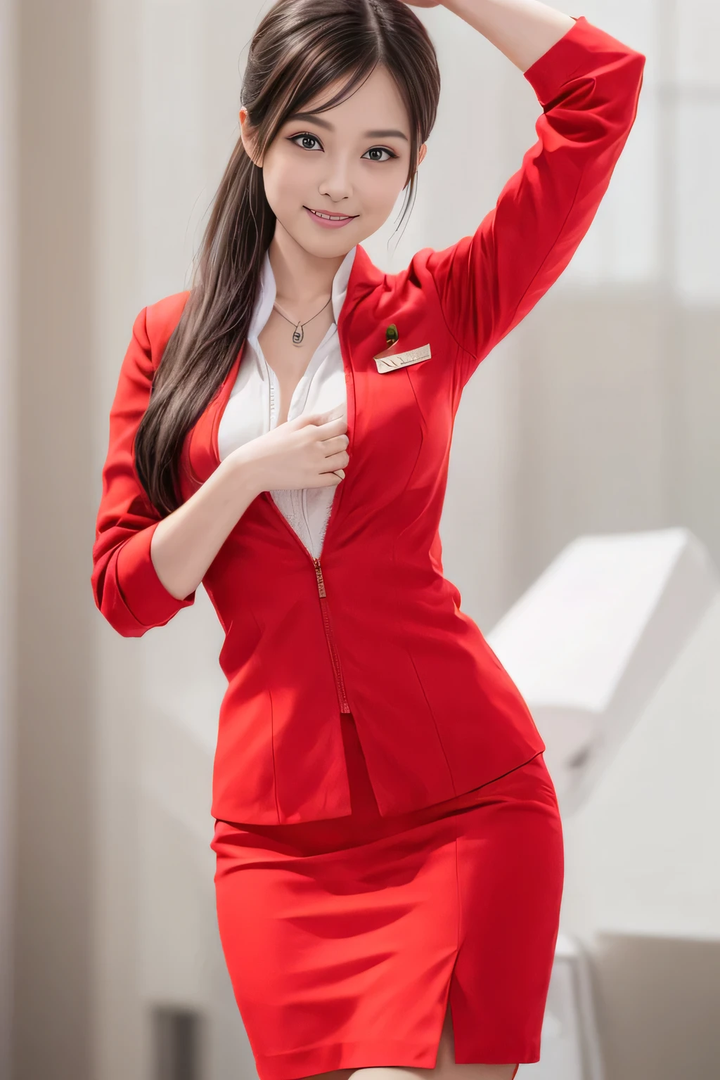 (masterpiece:1.2, highest quality:1.2), 32K HDR, High resolution, (alone、1 girl)、(At the airport lounge、Professional Lighting)、Airport Lounge Background、Beautiful lounge view、(Realistic style with AirAsia flight attendant uniforms)、(AirAsia uniform unzipped red jacket、AirAsia uniform long sleeve red jacket、AirAsia uniform red mini tight skirt、AirAsia uniform white shirt unbuttoned)、Big Breasts、(AirAsia uniform shirt showing big breasts)、Dark brown hair、(Long Hair Up、Hair Bun)、Dark brown hair、Long Shot、((Fine hand:2.0)),((Harmonious body proportions:1.5)),((Normal limbs:2.0)),((Normal finger:2.0)),((Delicate eyes:2.0)),((Normal eyes:2.0)))、Luxury Necklace、Beautiful appearance,Place your hands around your stomach