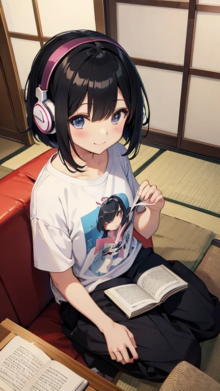 Japanese anime style、pretty girl、Put on your headphones、Bob Hair、Black Hair、T-Shirts、Inside the room、Sit down and read a book、smile、Happy、Snacks