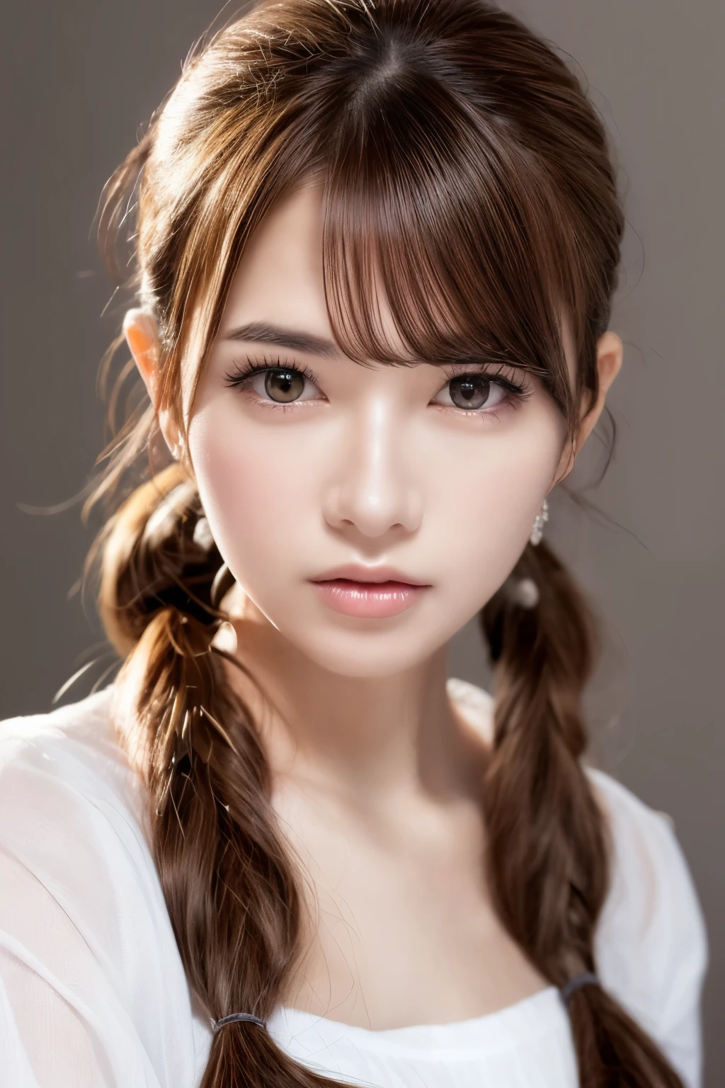 solo, 1girl, (wearing a AKB48 costume), very beautiful Japanese idol portrait, celebrity portrait, frontal photography, 
(realistic, photo-realistic:1.4), (masterpiece, highest quality:1.2), (RAW photo, high resolution),
intricate details, extremely detailed, finely detailed, insanely detailed, highly detailed CG unity 8K wallpaper, delicate, beautiful, wonderful, cinematic lighting, soft light, 
finely beautiful girl, beautiful symmetrical eyes , detailed eyes, detailed face, beautiful and sophisticated nose,
perfect anatomy, slender body, breasts, 
(medium hair, twintails, pigtails, bangs),,
(simple light color background:1.3),,,[Erii Chiba]