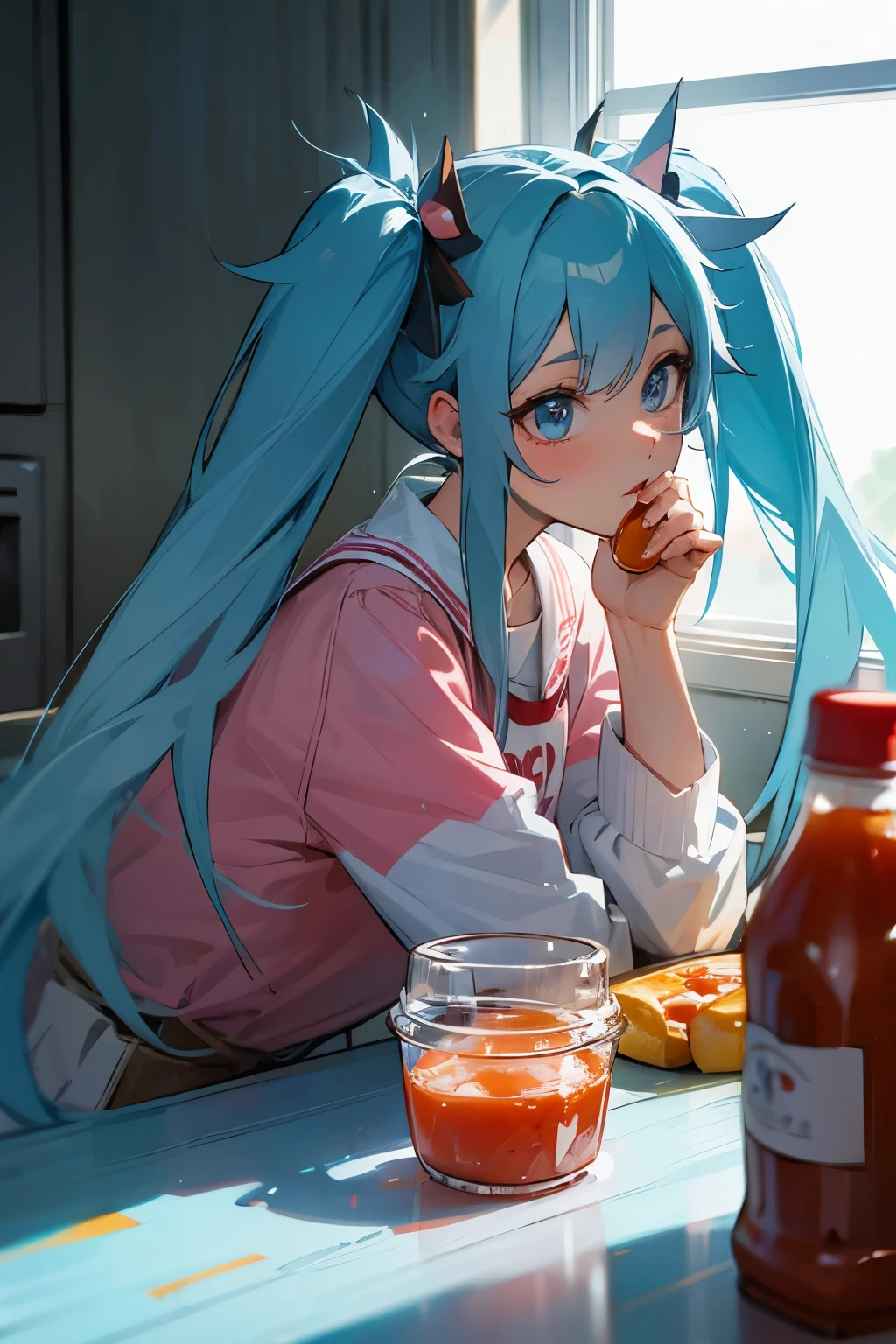 Ketchup container twin tails light blue hair