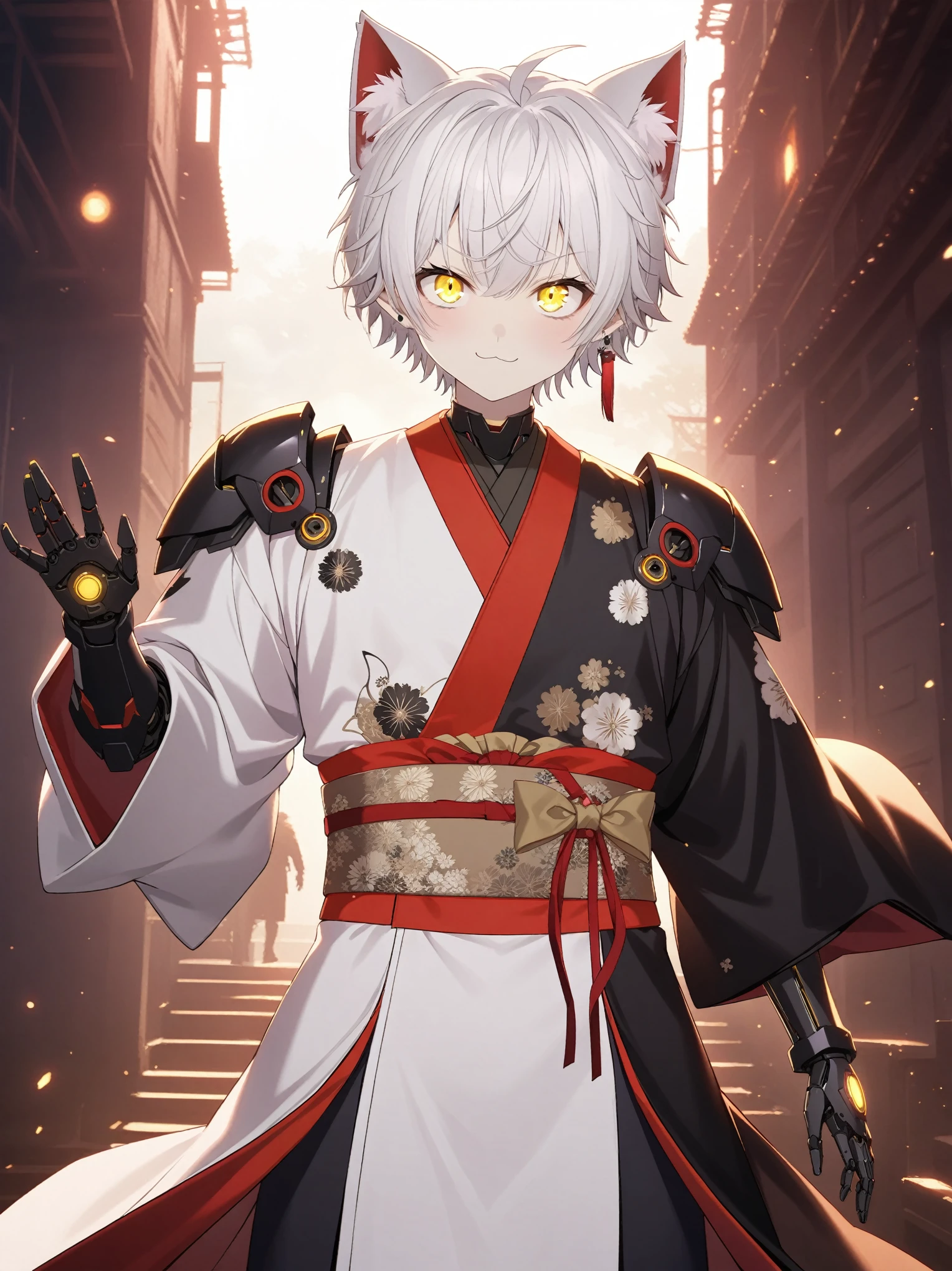 1boy,cat_boy,male focus, cyborg boy, split-color kimono, (black kimono), ((white kimono)), (red lapel), white hair,white animal ears, short hair, single side lock, yellow eyes, single earring, red sash, obi,smile, BREAK backlighting,glowing eyes, shiny, detailed beautiful eyes, outstanding, countershading, detailed soft lighting, stage, zoom layer, golden eyes, futuristic glowing eyes, well-aligned eyes, extremely detailed face, mechanical suit, fight stance, cyborg, joints, covered body, robot feet,cinematic lighting, solo, virtual YouTuber, :3,, looking at viewer,ray,close-up,focus on face