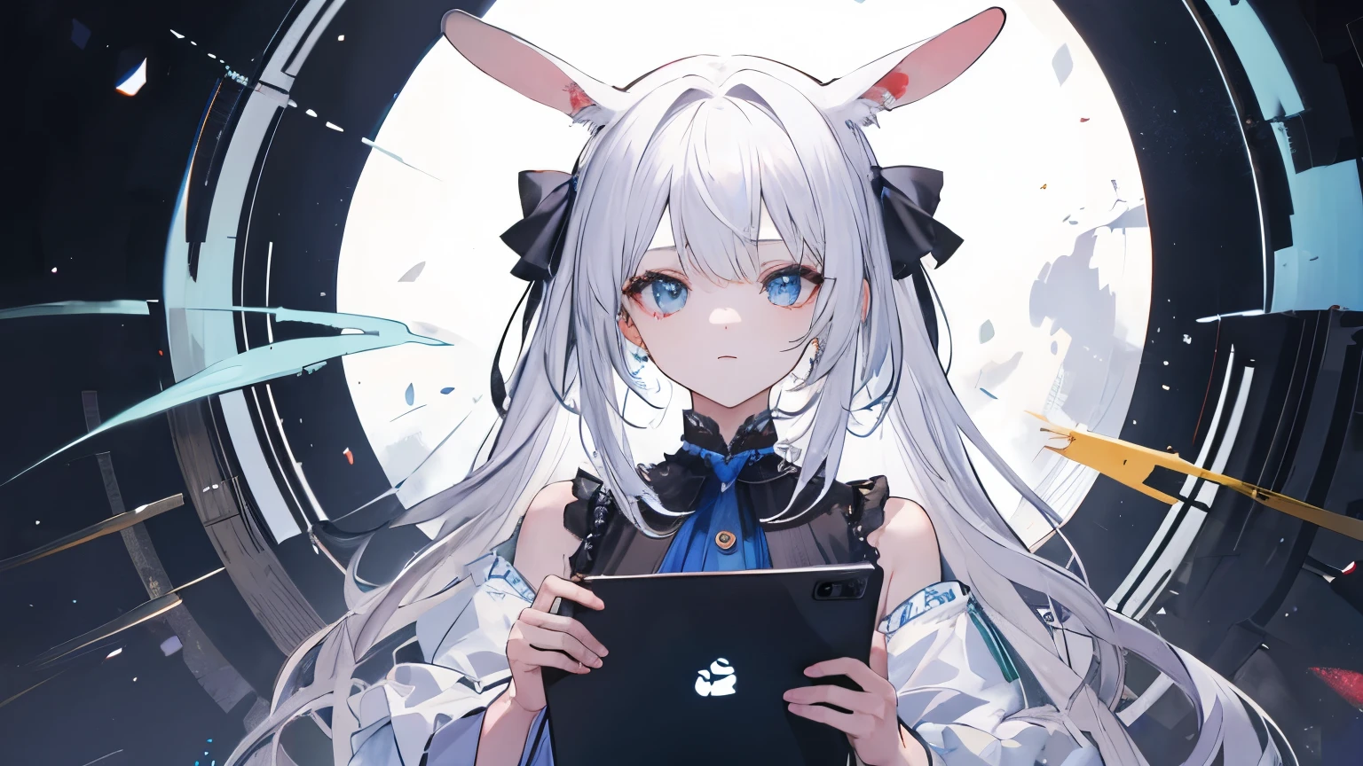 a girl,Cabello blanco,con Orejas de conejo,Tiene una tablet
