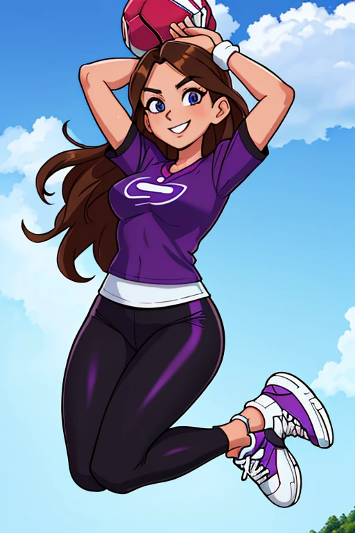Masterpiece, high resolution, high quality, intricate details, anime girl, full body portrait, front view, 36 year old woman, mature face, mature beauty, brown hair, long wavy hair, blue eyes, athletic body, medium breasts, curvy hips, cheering, thrilled smile, excited expression on face, ((Wearing: Purple T-shirt, Black Leggings and white tennis shoes)), jumping, arms raised above head, looking at viewer, (Background: outdoors, soccer field, blue sky, clouds in the sky, crowd of people in the surroundings),